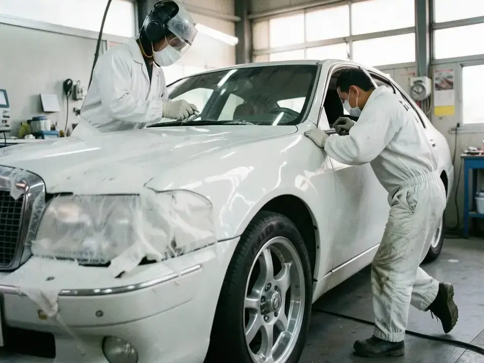 板金塗装のブース内で作業中の車両
