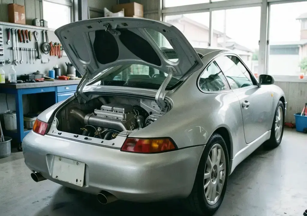 白煙を吹く Porsche 911 のエンジンルーム