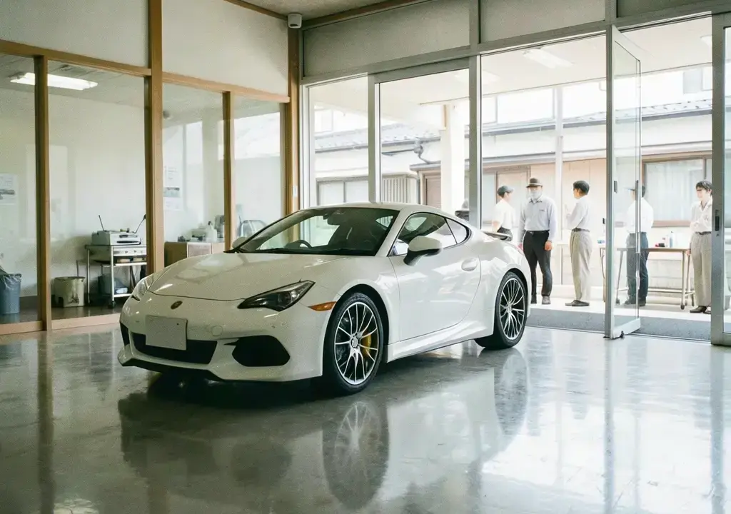 現在の広くなった作業ベイで白いスポーツカーがリフトアップされている