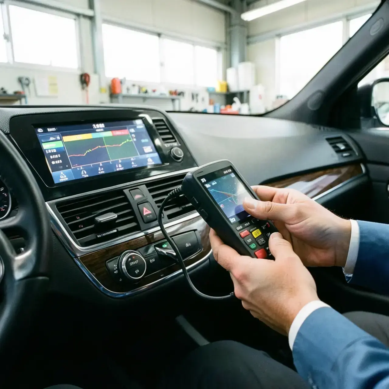 車両診断スキャンツールが ECU に接続されている様子