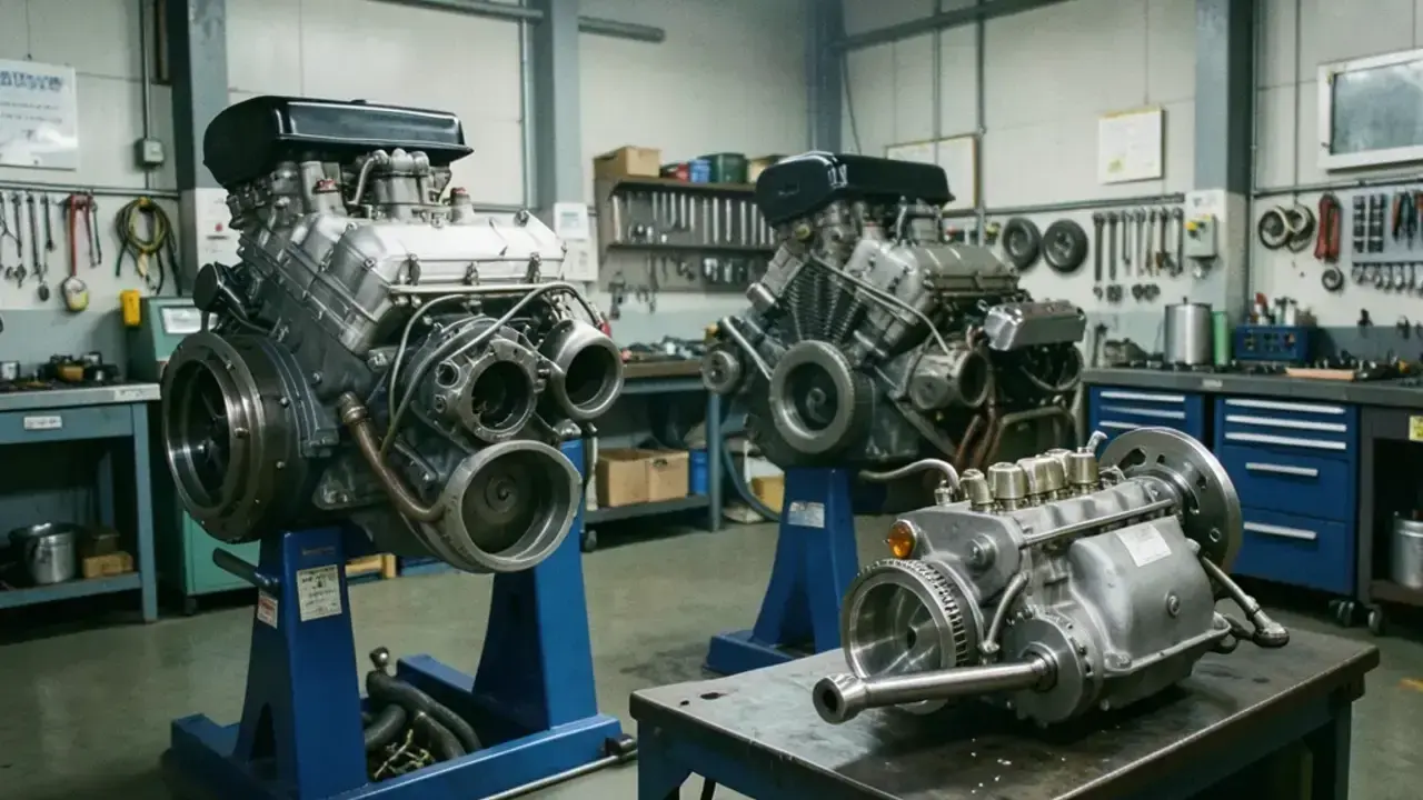 エンジン オーバーホール中の作業ベイと新品のクランクシャフト
