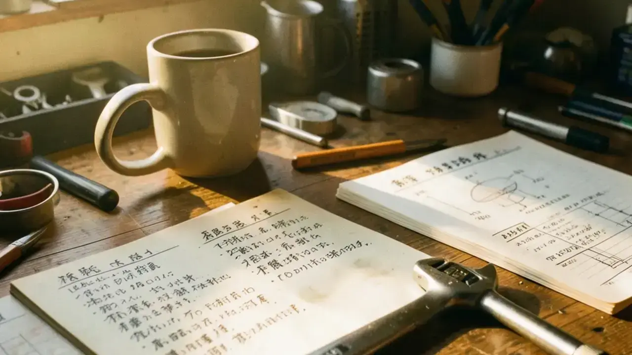 整備士のデスクに広げられた整備ノートと工具