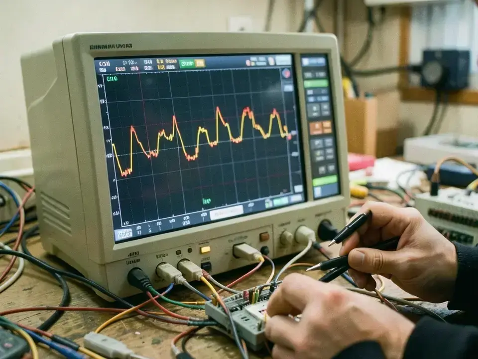 オシロスコープで ECU の波形を測定する手元
