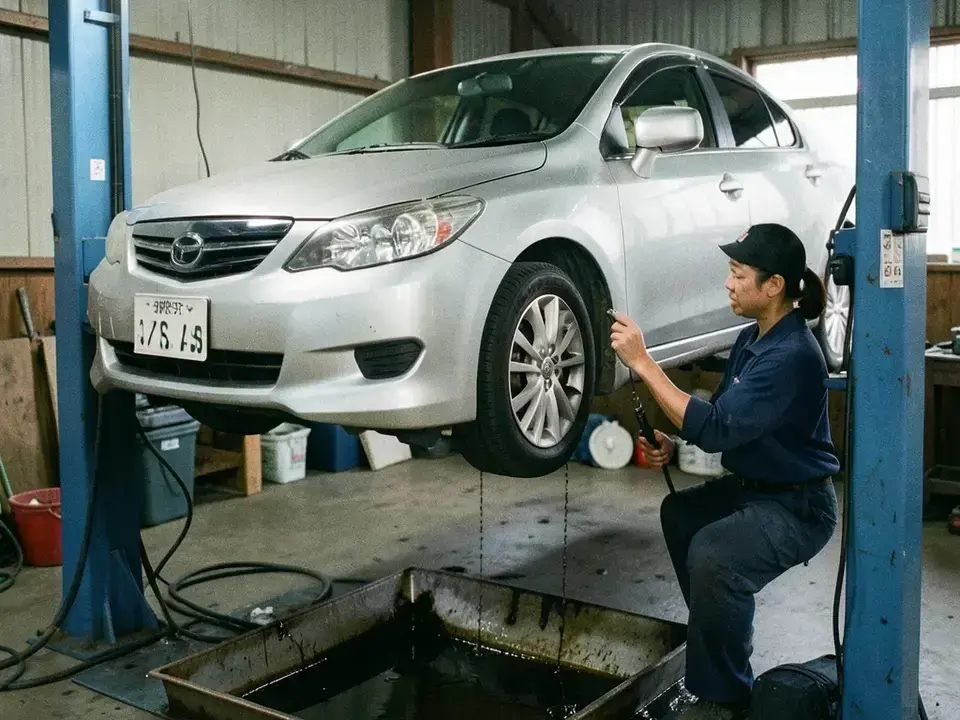 定期点検中の車両と整備士