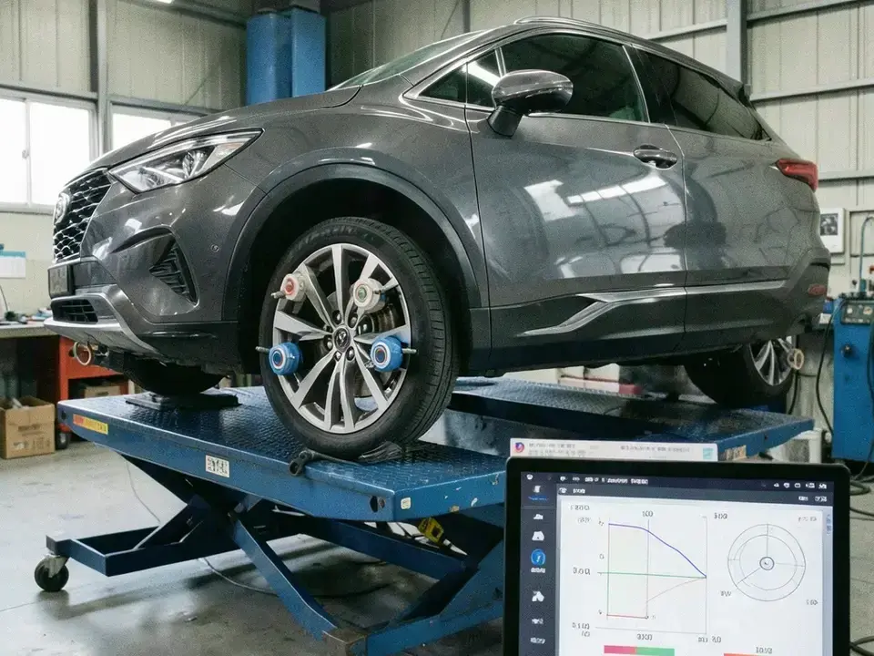 3D ホイールアライメント計測中の車両