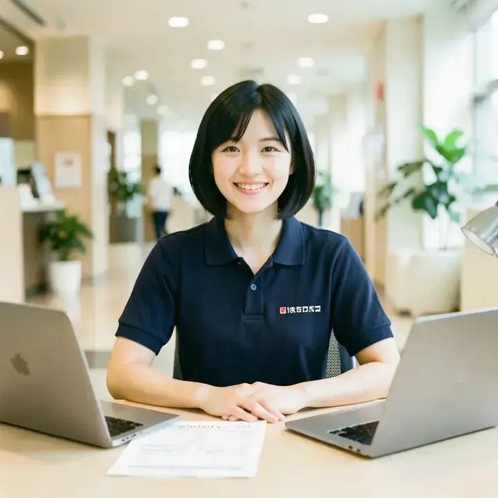 サービスアドバイザーの Mei · 29 歳 · 女性がノートパソコンで見積作成